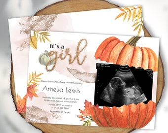 Pumpkin Girl Baby Shower Invitation Ultrasound Photo Gold Fall Baby Shower Invitation Printable Editable Autumn Baby Shower Invite YFAL01