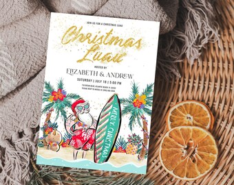 Christmas Luau Invitation Summer Xmas Santa Invite Christmas In July Party Invitation Template Hawaiian Christmas Luau Party Sign Instant