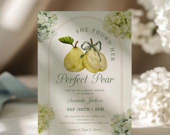 Perfect Pear Bridal Shower Invitation | The Perfect Pair Bridal Shower Invite | Pearls Floral Green Hydrangea Bridal Brunch Invite