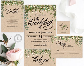 Rustic Greenery Wedding Invitation Set Greenery Wedding Invitation Kit Printable Botanical Wedding Invite Suite Kraft Invite Kit Download