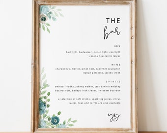 Dusty Blue Menu Sign Template Printable Blue Wedding Drink Menu Instant Download Floral Bar Menu Sign Dusty Blue Drinks Sign WY04