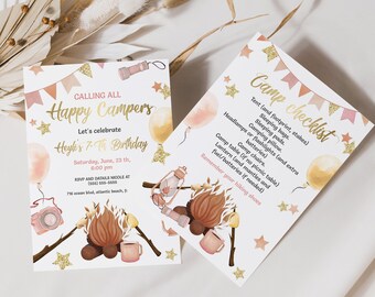 Girl Camping Invitation Outdoor Hiking Birthday Girl Invite and Checklist Bonfire Birthday Invite Download S'mores Party Sign Editable