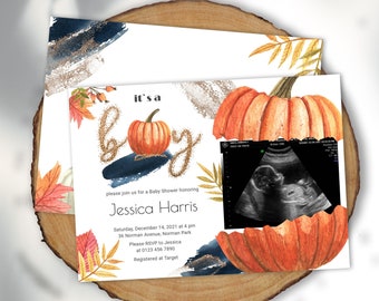 Fall Boy Baby Shower Invitation with Ultrasound Photo Gold Pumpkin Baby Shower Invitation Editable Autumn Baby Shower Invite YFAL01