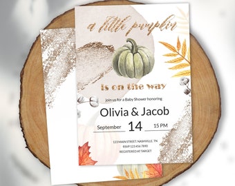 Little Pumpkin Baby Shower Invitation Editable Gold Fall Boy Girl Baby Shower Invitation Template Autumn Baby Shower Party YFAL01