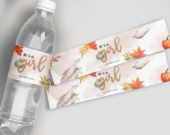 Pumpkin Girl Baby Shower Water Bottle Label Editable Gold Fall Water Bottle Wrappers Template Autumn Baby Shower Drink Stickers YFAL01