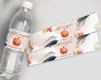 Pumpkin Baby Shower Water Bottle Label Template Gold Fall Water Bottle Wrappers Autumn Baby Shower Drink Stickers Download YFAL01