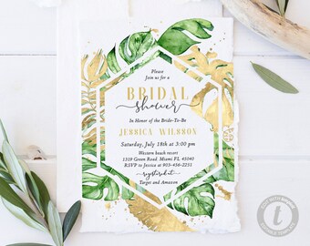 Gold Tropical Bridal Shower Invitation Instant Download Hawaiian Bridal Shower Invite Template Editable Summer Bridal Shower Card Templet