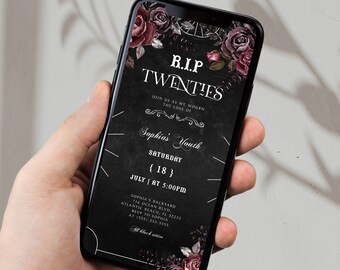 May include: A black and white smartphone screen displays a digital invitation for a 20th birthday party. The invitation features a black background with white text and a floral design with dark red roses. The text reads "R.I.P. Twenties" and includes the date, time, and location of the party.