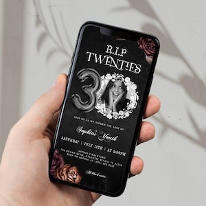 Electronic RIP 20s Twenties 30th Birthday Photo Invitation, Mobile Death to my Youth Party Invitation, Floral Editable Evite, Text Invite