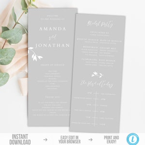 Gray Wedding Program Template Instant download Printable Minimalist Wedding Ceremony Programs Slim Bridal Program Elegant Wedding Program