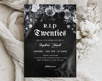 RIP 20s 30th Birthday Invite, Floral Death to my Youth Party Invitation, Editable Funeral 30th Birthday Digital Mobile Invitation, Evite