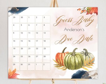 Pumpkin baby shower due date calendar template Autumn pumpkin guess due date calendar game Fall pregnancy announcement calendar YFAL01