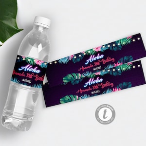Neon Tropical Water Bottle Label Template Hawaiian Drink Bottle Label Download Aloha Water Bottle Label Printable Luau Party Decor NTT