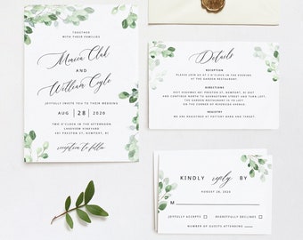 Greenery Wedding Invitation Set Template Botanical Wedding Invitation Kit Instant Download Printable Eucalyptus Wedding Invite Suite WY01