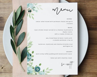 Dusty Blue Menu Template Printable Dusty Floral Menu Card Modern Wedding Menu Instant Download Printable Blue Floral Dinner Menu WY04
