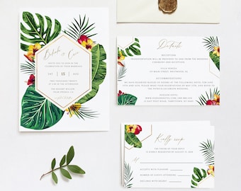 Tropical Wedding Invitation Suite Template Hawaiian Wedding Invitation Kit Download Printable Beach Destination Wedding Invite Set WY05
