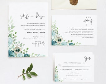 Dusty Blue Wedding Invitation Suite Template Floral Wedding Invitation Kit Download Printable Dusty Flower Wedding Invite Set WY04