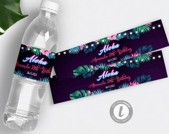 Neon Tropical Water Bottle Label Template Hawaiian Drink Bottle Label Download Aloha Water Bottle Label Printable Luau Party Decor NTT