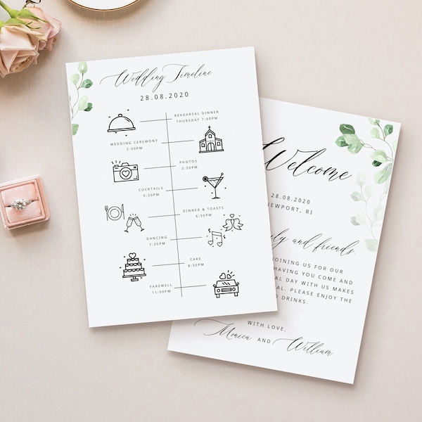 Greenery Wedding Timeline Template Greenery Wedding Itinerary Download Printable Greenery Welcome Letter Greenery Welcome Bag Note WY01