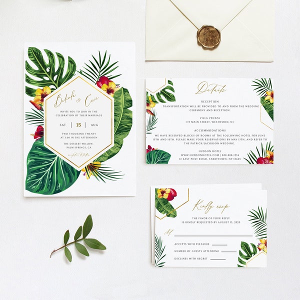 Modèle de suite d'invitation de mariage tropical Kit d'invitation de mariage hawaïen Télécharger imprimable Beach Destination Wedding Invite Set WY05