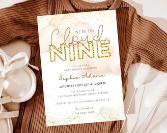 We are on Cloud Nine Baby Shower Invitation Editable, Cloud Gold Baby Shower Invite Printable, Cloud 9 Gender Neutral Digital Evite Template