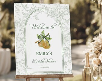 Perfect Pear Welcome Sign Template, Editable Perfect Pair Bridal Shower Welcome Sign, Vintage Floral Sage Green Bridal Brunch Sign Download