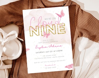 Cloud Nine Girl Baby Shower Invitation Editable, Cloud & Butterflies Baby Shower Invite, Pink Cloud 9 Gender Neutral Digital Evite Template