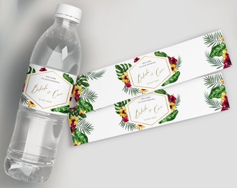 Etiqueta de botella de agua hawaiana Plantilla de etiqueta de agua de boda de playa tropical Etiqueta de agua de Luau Descargar decoración de boda de destino WY05