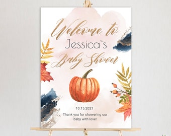 Pumpkin Boy Girl Baby Shower Welcome Sign Template Printable Gold Fall Baby Shower Welcome Poster Download Autumn Welcome Sign YFAL01