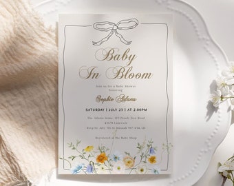 Baby in Bloom Digital Invitation, Wildflowers Baby Shower Invitation, Whimsical Baby Shower Editable Invite, Bow Baby Shower Template