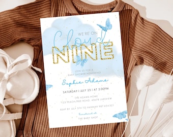Cloud Nine Boy Baby Shower Invitation Editable, Cloud & Butterflies Baby Shower Invite, Blue Cloud 9 Gender Neutral Digital Evite Template