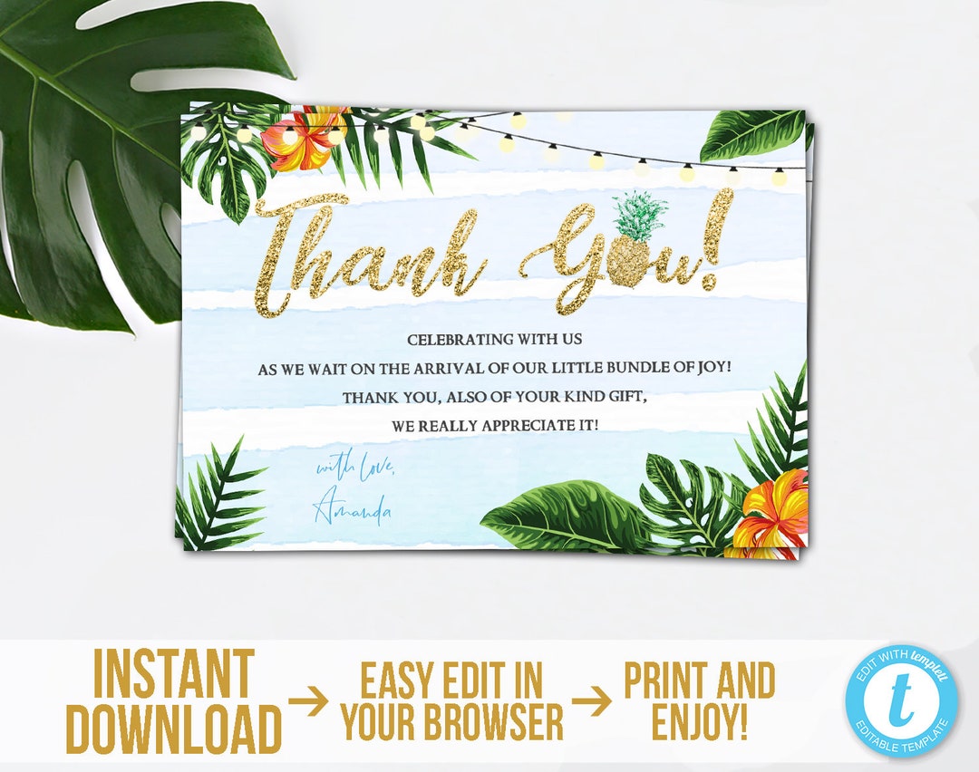 Tropical Thank You Card Printable Aloha Thank You Card Luau Birthday