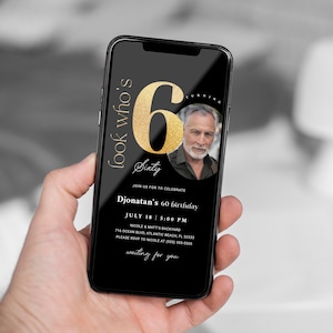 Schwarz Gold 60. Geburtstag Elektronische Einladung Mit Foto Mobile 60 Jahre Party Evite Mutter Oder Vater Sixtieth Birthday Digital Invite