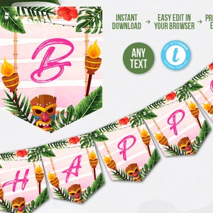 Luau Banner Instant Download Tropical Birthday Banner Hawaiian Banner Printable Luau Party Banner Aloha Happy Birthday Banner Flags
