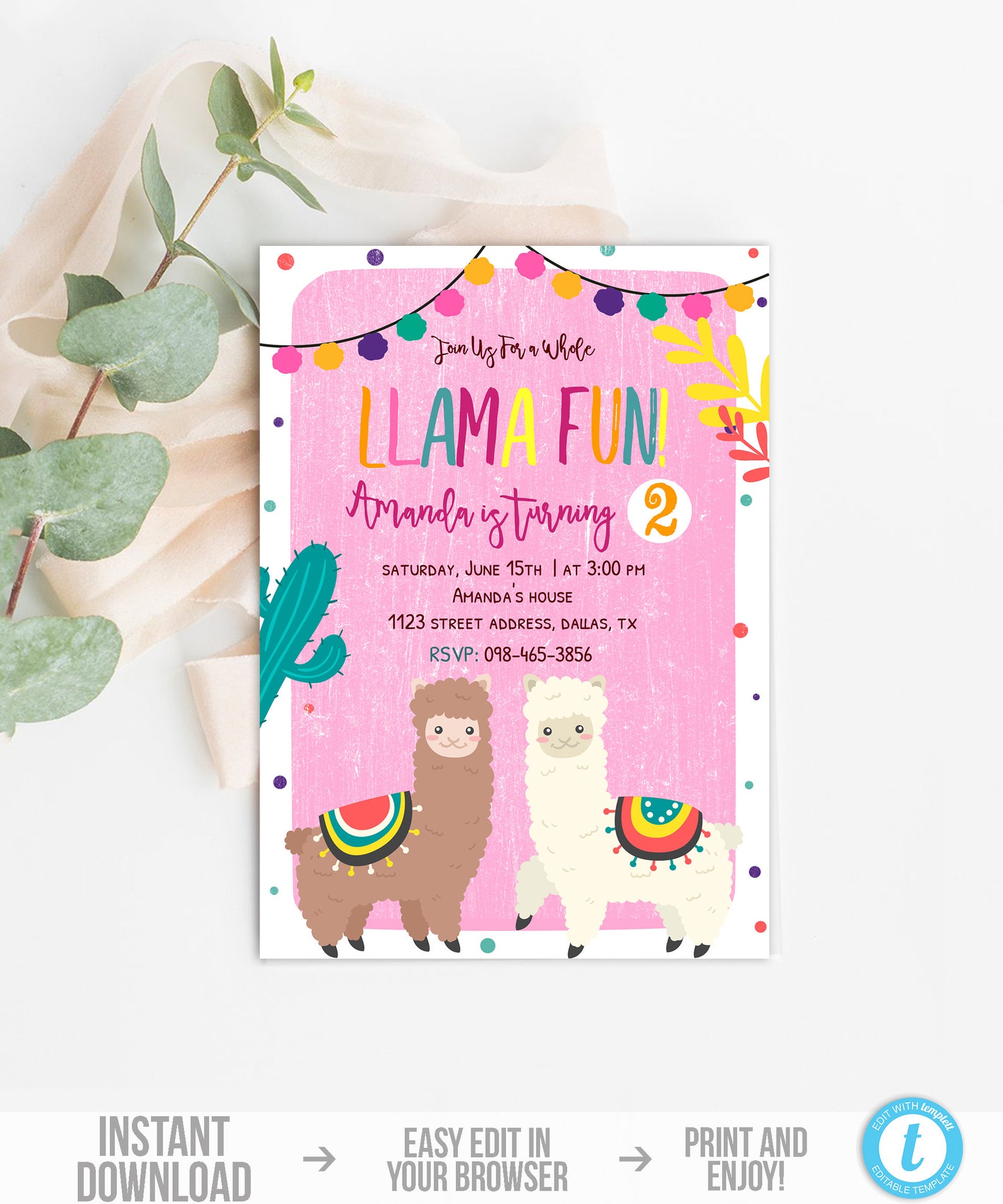 Llama Invitation Template Girl Llama Birthday Invitation | Etsy