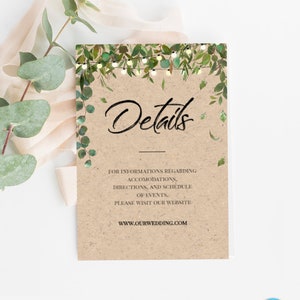 Plantilla de tarjeta de detalles de boda de vegetación rústica Detalles de boda botánica Tarjeta de información imprimible Tarjeta de inserción de boda Kraft Descargar