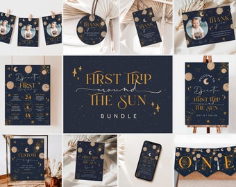 First Trip Around The Sun Birthday Bundle Editable Space 1st Birthday Party Package Editable Galaxy Planets Little Astronaut Invitation Kit