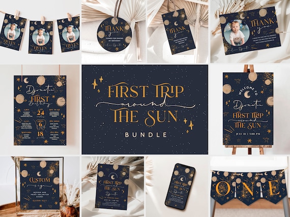 First Trip Around The Sun Birthday Bundle Editable Space 1st Birthday Party Package Editable Galaxy Planets Little Astronaut Invitation Kit Il_570xn
