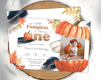 Our Little Pumpkin is Turning One Boy with Picture Gold Fall First Birthday Invitation Template Editable Autumn Birthday Invitation YFAL01