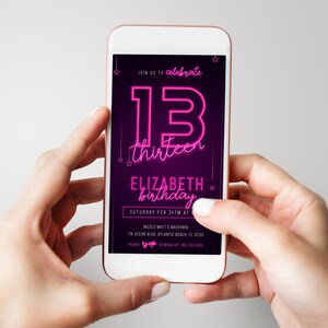 Pink Neon 13th Birthday Electronic Invitation Neon Light Text Message Digital Invite Girls Glow Birthday Party Sms Evite Editable Template