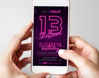 Pink Neon 13th Birthday Electronic Invitation Neon Light Text Message Digital Invite Girls Glow Birthday Party Sms Evite Editable Template