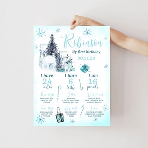 Winter Onederland Boy Milestones Sign Customized Winter One Year Infographic Poster Winter Holidays Boy B-day Milestone Keepsake Banner