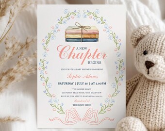 New Chapter Begins Baby Shower Invitation Editable, Storybook Baby Shower Online Invitation, Book Themed Baby Shower Invite, Library invite