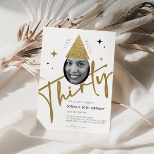 30th Birthday Invitation with Photo Gold Sparkle Thirty Anniversary Adult Party Invite Modern Birthday Invitation Template Editable Download