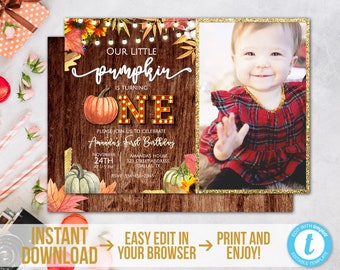 Little Pumpkin Invitation with Photo Rustic Fall First Birthday Invitation Instant Download Printable Autumn 1st Birthday Invites Template