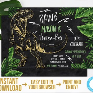 Three-rex Invitation Instant Download Dinosaur Birthday Invitation Template Printable Dinosaur Party Invite T-Rex Chalkboard Invitationn
