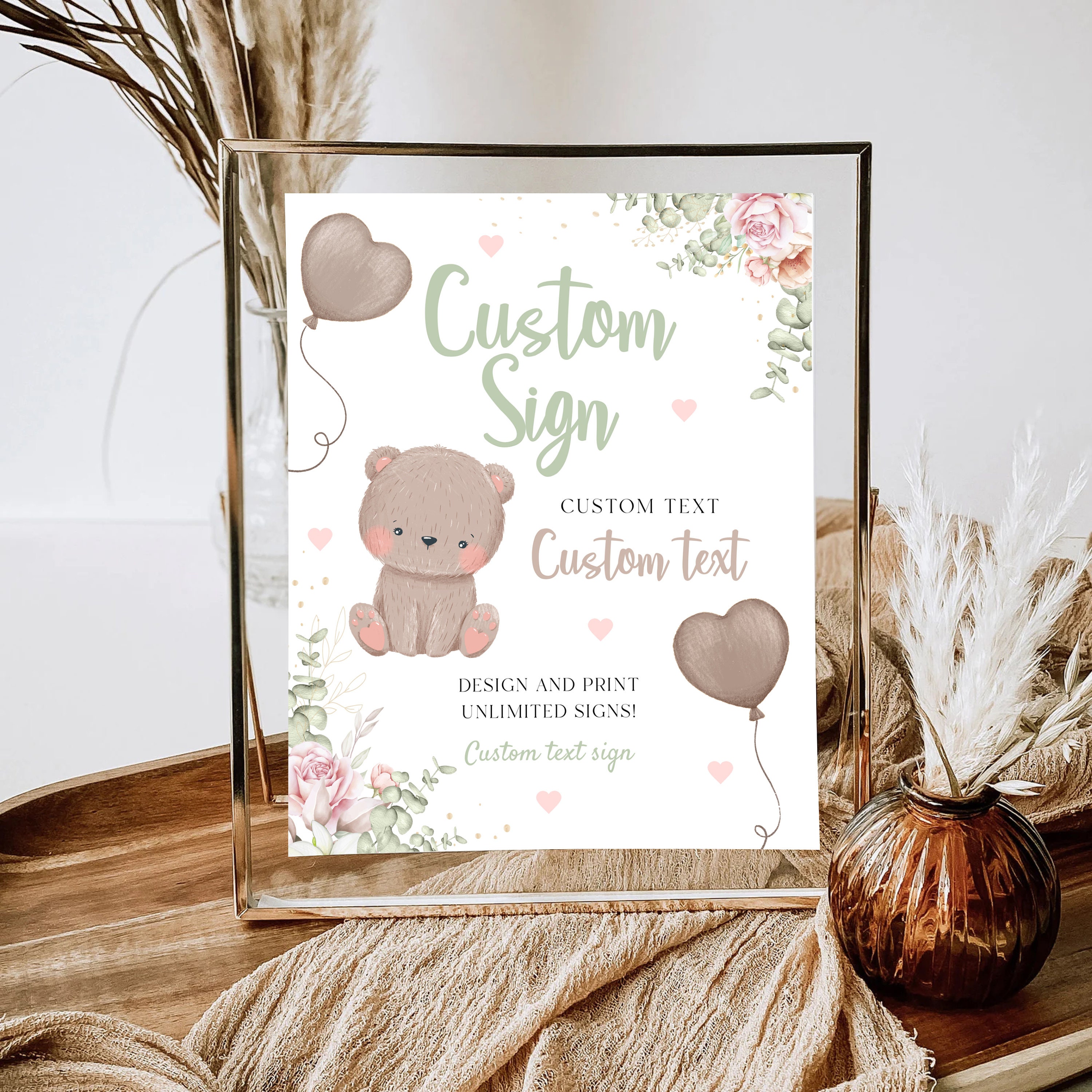 Teddy Bear Birthday Custom Sign Beary Custom Sign Banner Editable Template Teddy Bear With Balloon Baby Boy Or Girl Customized Text Poster