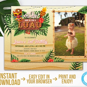 Luau Invitation with Photo Aloha Birthday Invitation Download Printable Tropical Party Invite Hawaiian Invitation Tiki Party Invitation