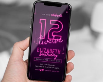 Pink Neon 12th Birthday Electronic Invitation Lets Glow Editable Digital Message Evite Neon Girl Birthday Party Invite Download Template