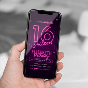 Pink Neon Elektronische Einladung 16. Geburtstag Elektronische Einladung Sweet Sechzehn editierbar Pink Glow Geburtstag Evite Mädchen Party Neon Licht Text Einladung Download